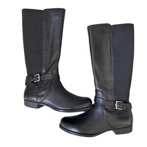 Isaac Mizrahi Size 9.5 Black Wide Calf Riding Boots Silver Buckle Leather